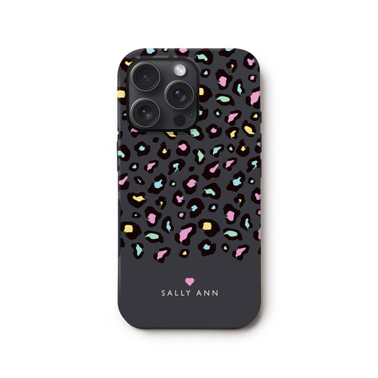 Personalised Grey Rainbow Leopard Print Spot Case iPhone 16 Phone Case