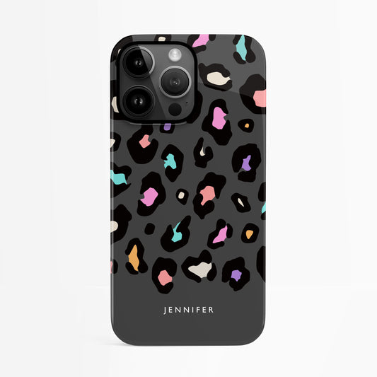 Rainbow Grey Leopard Spots Custom Name Case iPhone 14 Phone Case