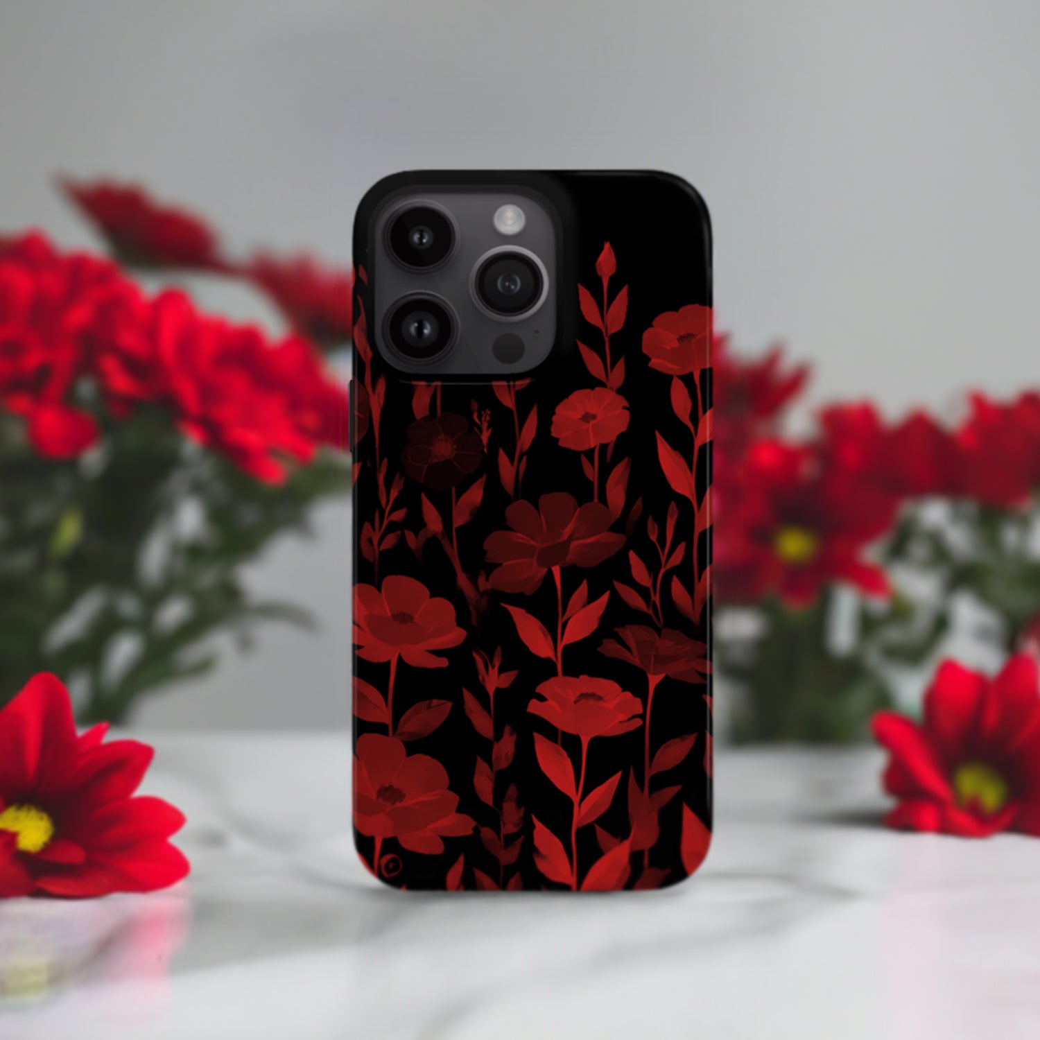 Red And Black Floral Print Phone Case iPhone 15 Phone Case