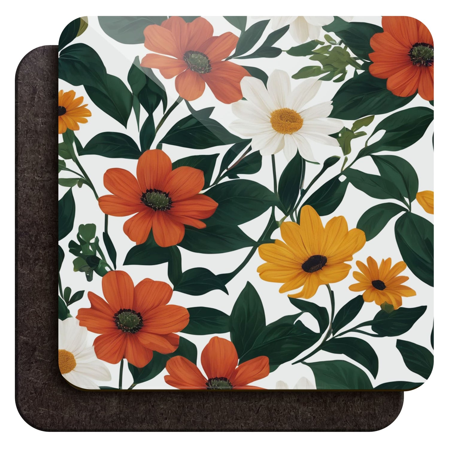 Summer Floral Print Coaster Set Red and Yellow Floral Coaster