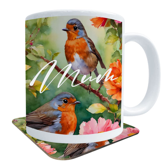 Personalised Robin Art Mug and Coaster Gift Set