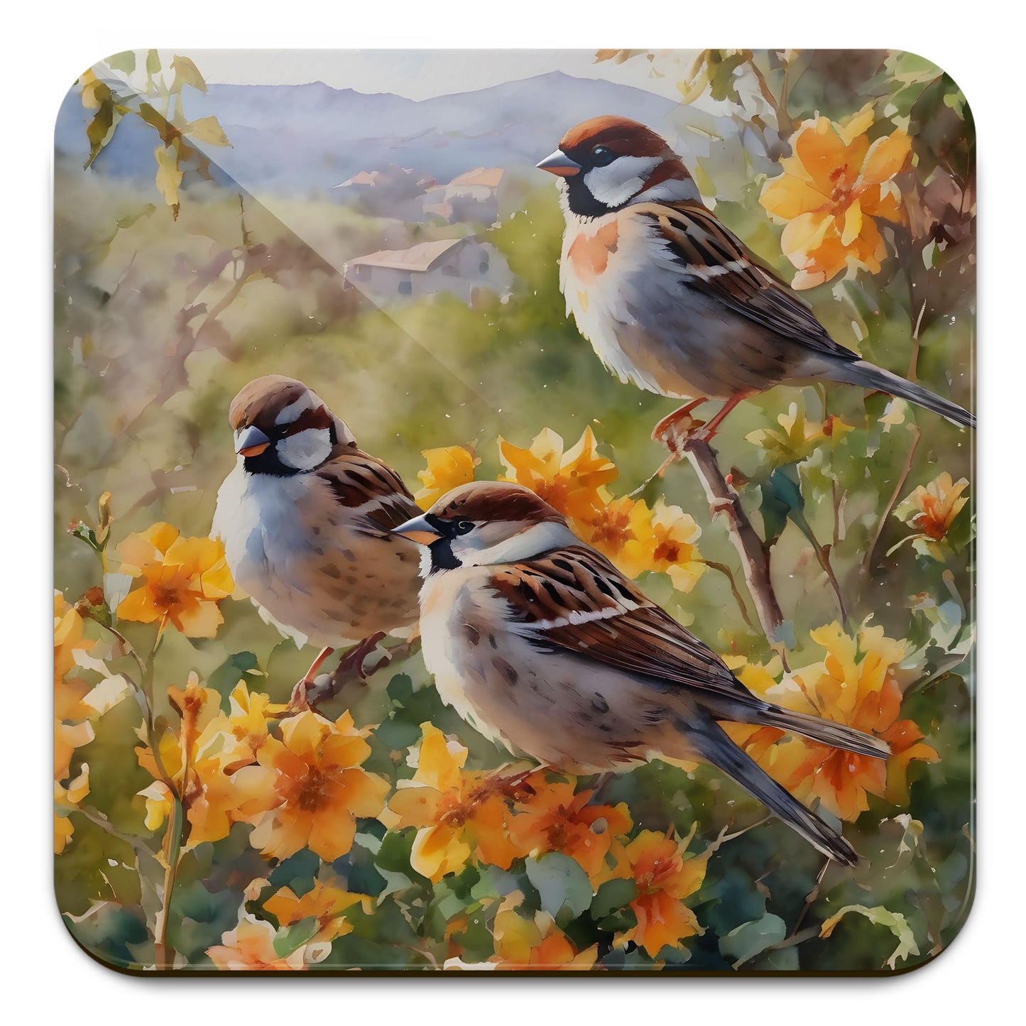 Watercolour British Bird Art 4 x Coaster Set 4 x Sparrows Coaster