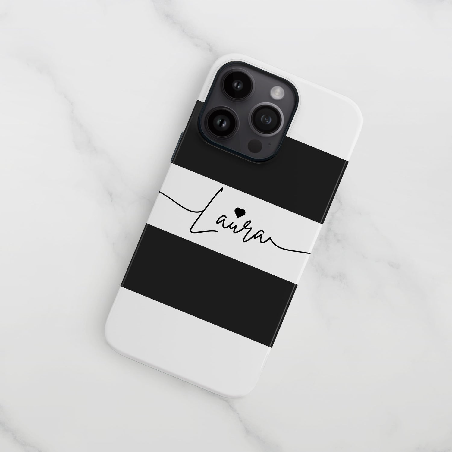 Personalised Name & Heart Black Stripe Case iPhone 15 Phone Case