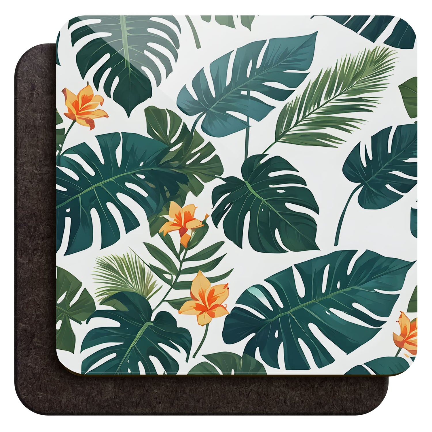 Tropical Palm Leaf Print Coaster Set Orange Flower Coaster